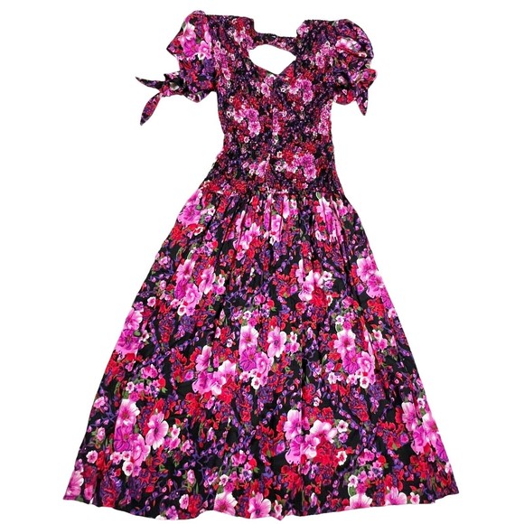 PANTAGIS Vtg 80s Drop Waist Floral Long Dress Rayon Big Shoulder Cutout Stretch - Picture 5 of 15